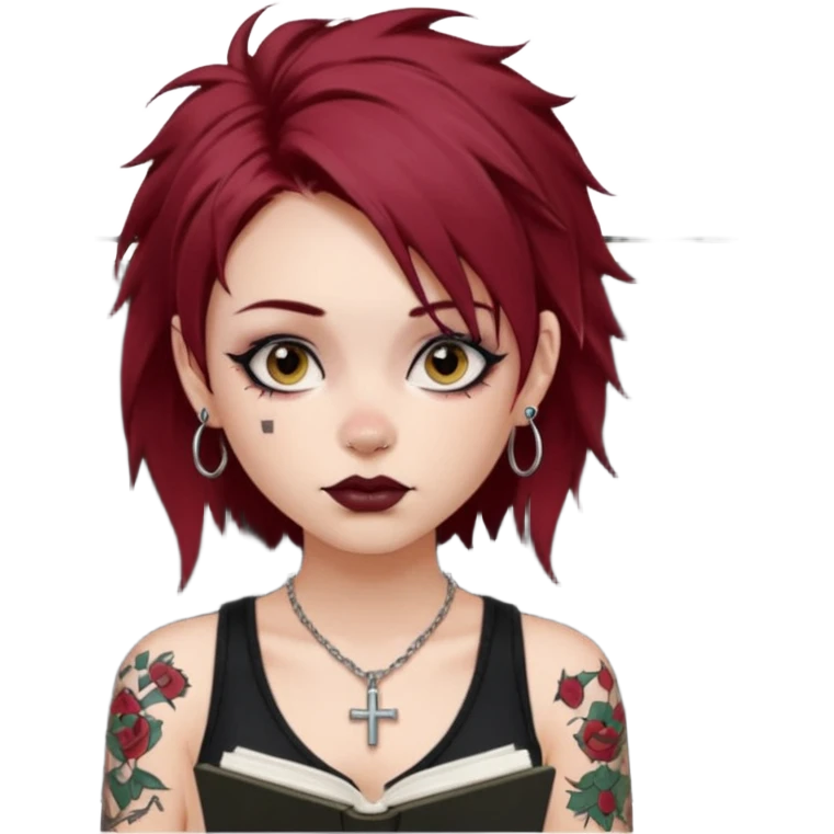 generate an ios genmoji of a girl with dark red messy hair with eyeliner on her eyes.  septum piercing, wearing a cami black top, has tattoos, on shoulders. ear piercings. wearing a cross silver necklace. Holding an overfilled sketchbook emoji