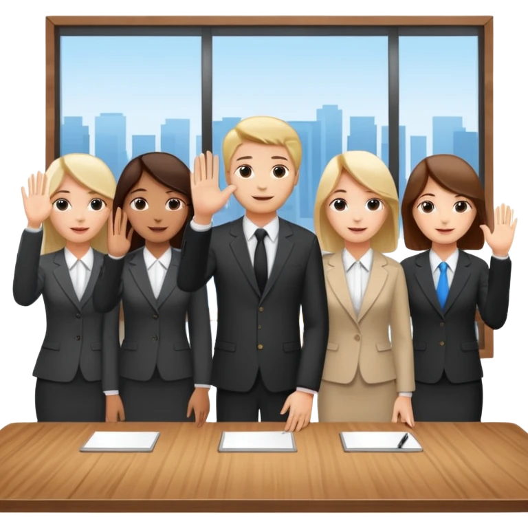 saying goodbye a group of coworkers hand up in meeting room in long rectangular table emoji