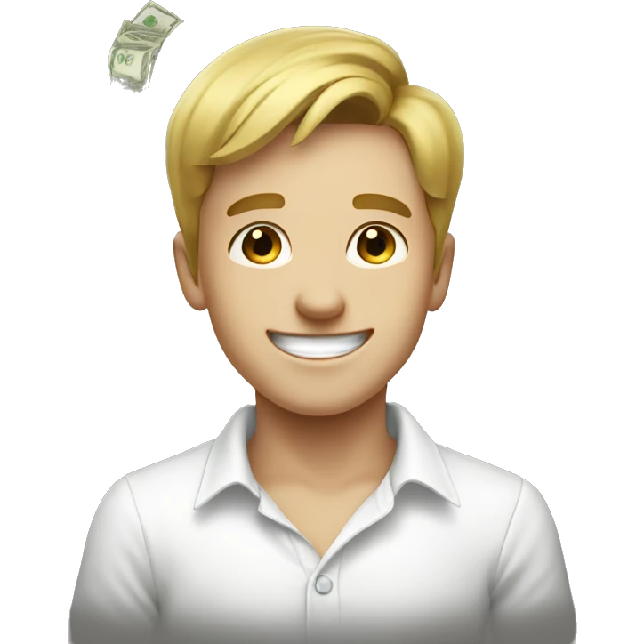 smiling boy in white shirt with money emoji