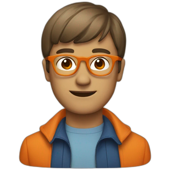 a man with a bowl cut brown squar glasses, a orange jacket emoji