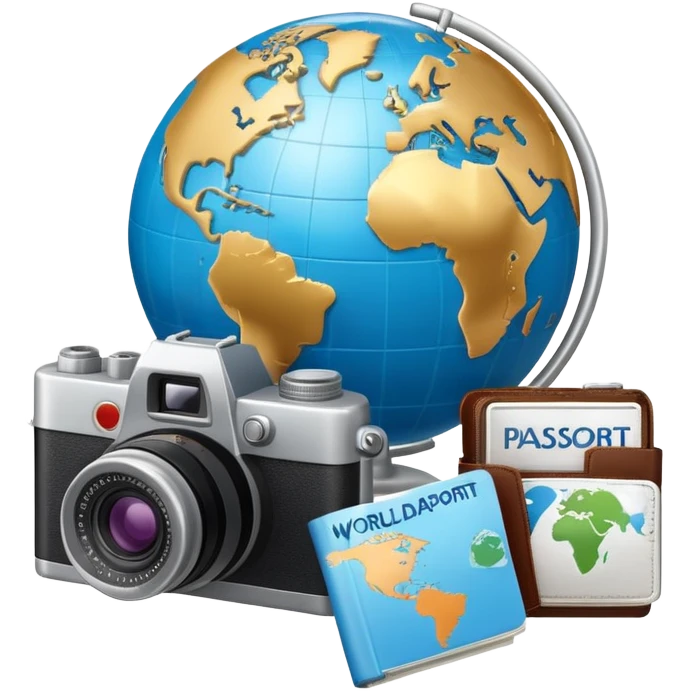 Globe with passport and camera, world travel emoji