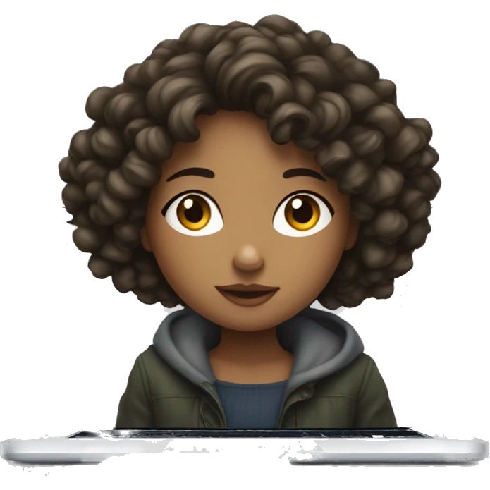 European girl with short and curly hair sits at a macbook emoji