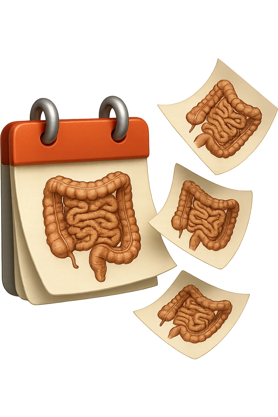 emoji stile iphone di un calendario con fogli che volano insieme, sui fogli ci sono disegnati degli intestini anatomici, iperrealistico 4k, isolato su sfondo bianco emoji
