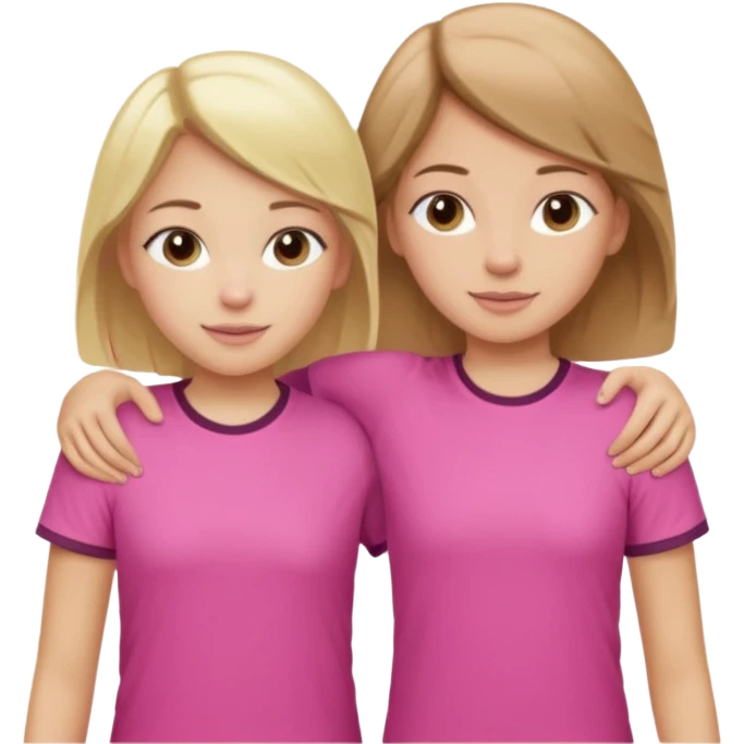 Two Girls with their arms around each other at summer camp one blonde one brown hair wearing pink shirt emoji