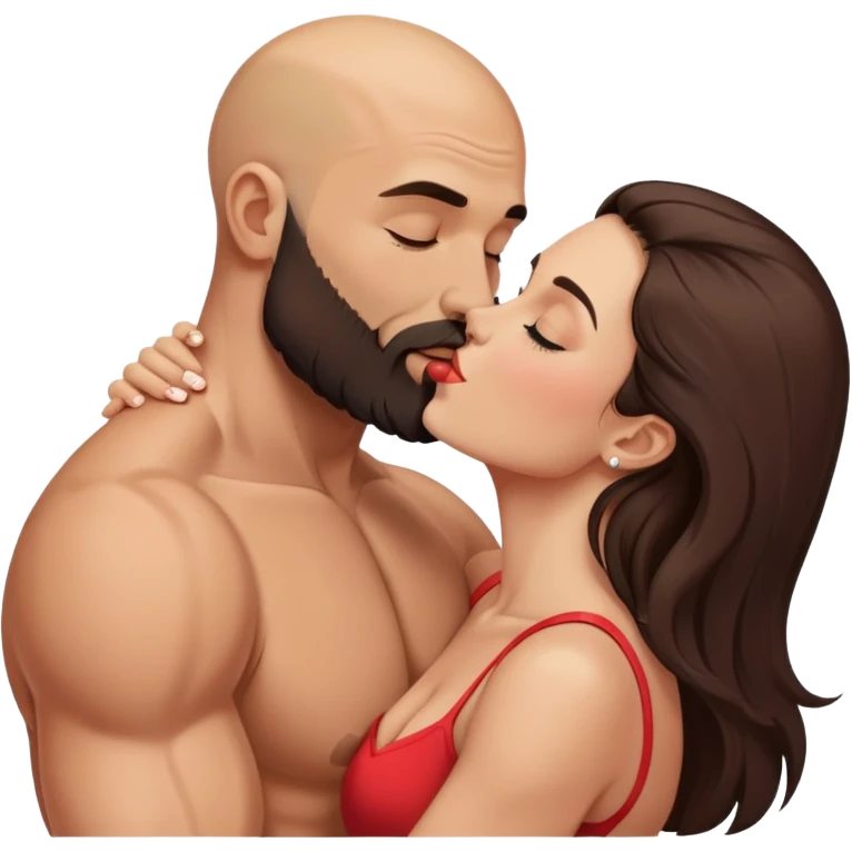 Muscular Bald man with a beard passionately kissing his young brunette wife  emoji