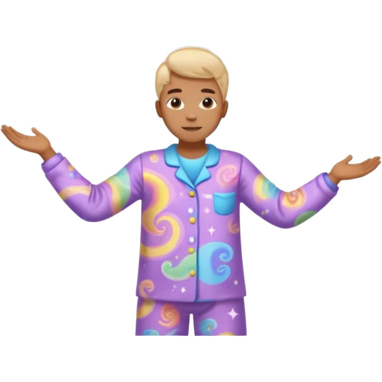 person in pajamas with arms spread apart, multicolored swirling cloud of dreams above their head emoji