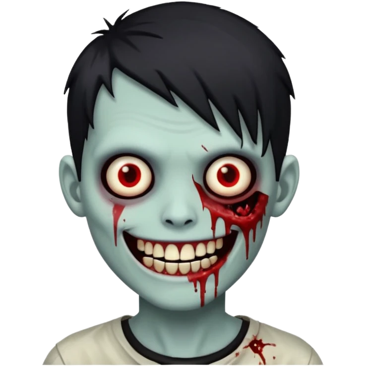 zombie boy with emo hair, white skin, and white eyes; an open smile, and bloodied teeth; emoji