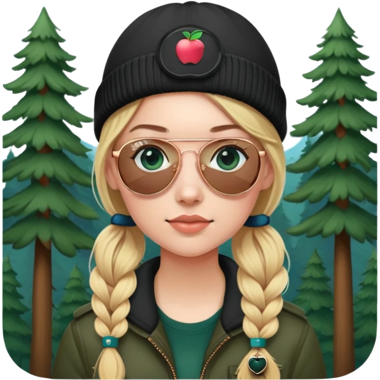 girl with pigtailed blond hair
with blue eyes and aviator sunglasses

wearing a black beanie
wearing (rose gold apple watch with forest green band) emoji