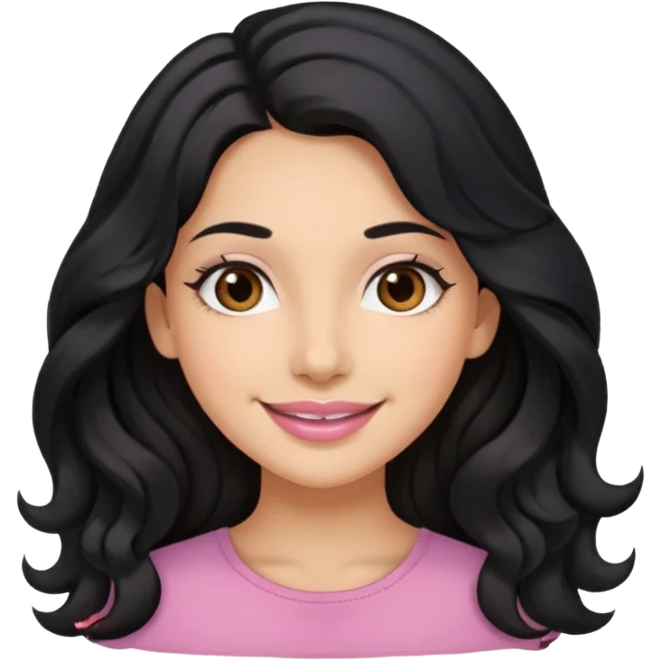 a woman is smile, her hair is long wavy and the color is black, her eyes color are brown and the color of her lip is soft pink emoji