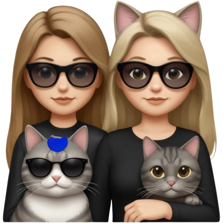 white woman with long past-shoulder light brown ombre hair, wearing black clothes and very opaque black sunglasses, smirking and looking cool, next to a single chubby grey tabby cat with very opaque black sunglasses, also smirking and looking cool emoji