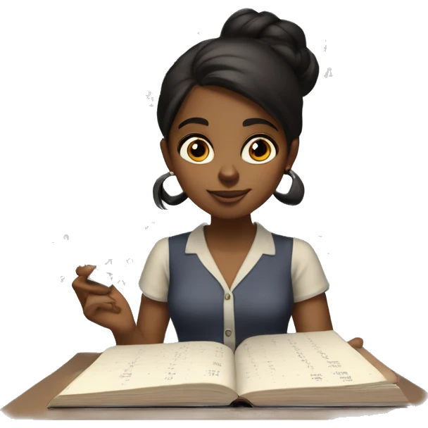 Black-haired brown girl doing statistic math, smart looking, with a book and calculator in front of her. Math and numbers spinning around her head like shes thinking emoji