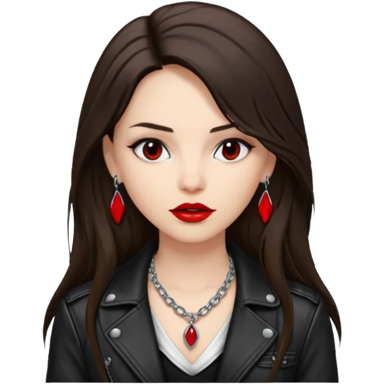 brunette with very long hair in black cuir jacket with red lips and very dark brown eyes and white shirt and mysterious necklace without ear piercing emoji