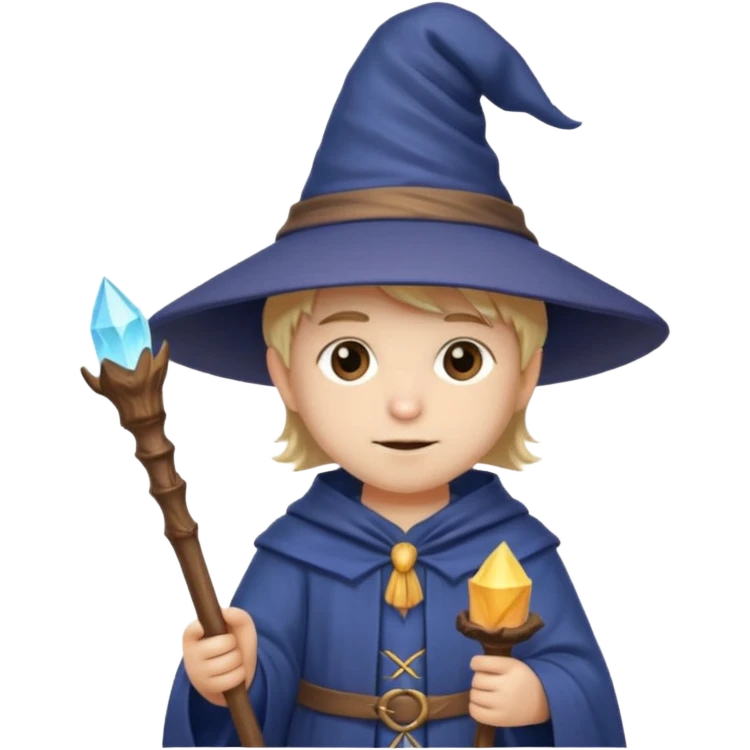 cute young wizard, big hat, holding a staff emoji