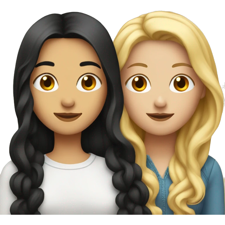 Woman with long straight blonde hair hugging a woman with long curly dark black hair  emoji