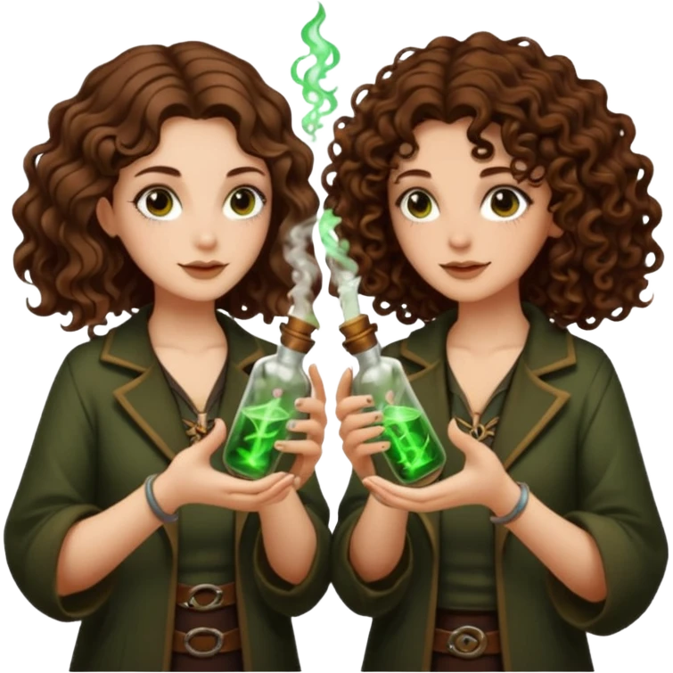 two forest alchemist women one long wavy brown hair tattoos one short tight curly brown hair clinking glowing vials emoji