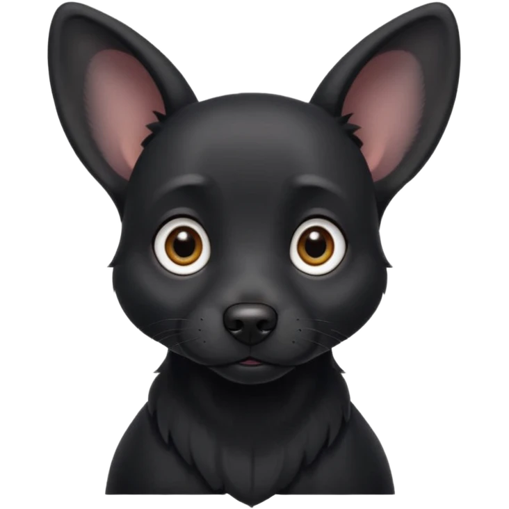 Shadow is a black dog with big upright ears and bright, expressive eyes. He has a sleek, dark coat and a calm but alert look. His face is gentle and intelligent, with a slightly curious expression. Shadow looks loyal, attentive, and a little playful, giving off both a protective and affectionate  emoji