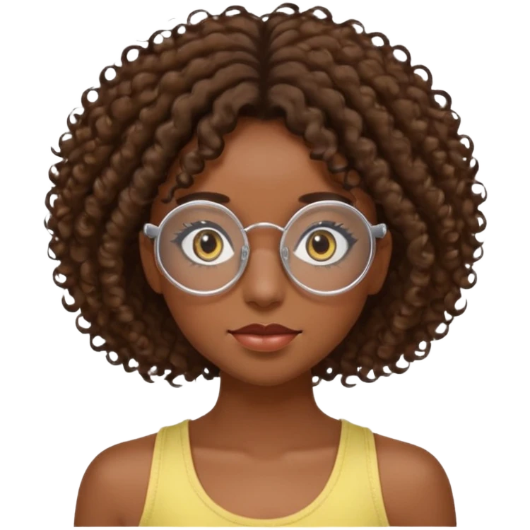 girl with dark skin and brown curly hair and clear circular lensed glasses, long eyelashes, wearing a light yellow tank top emoji