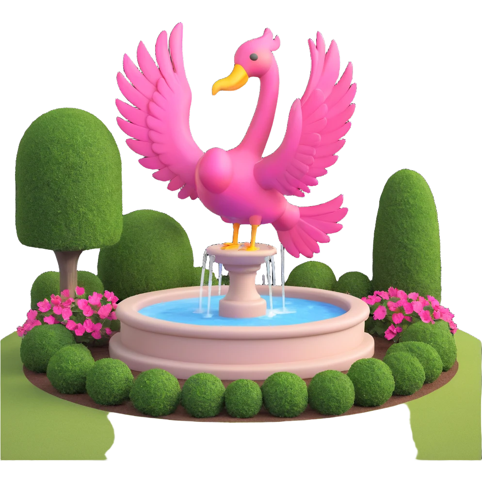 small yard with a fountain and a large pink bird sculpture emoji