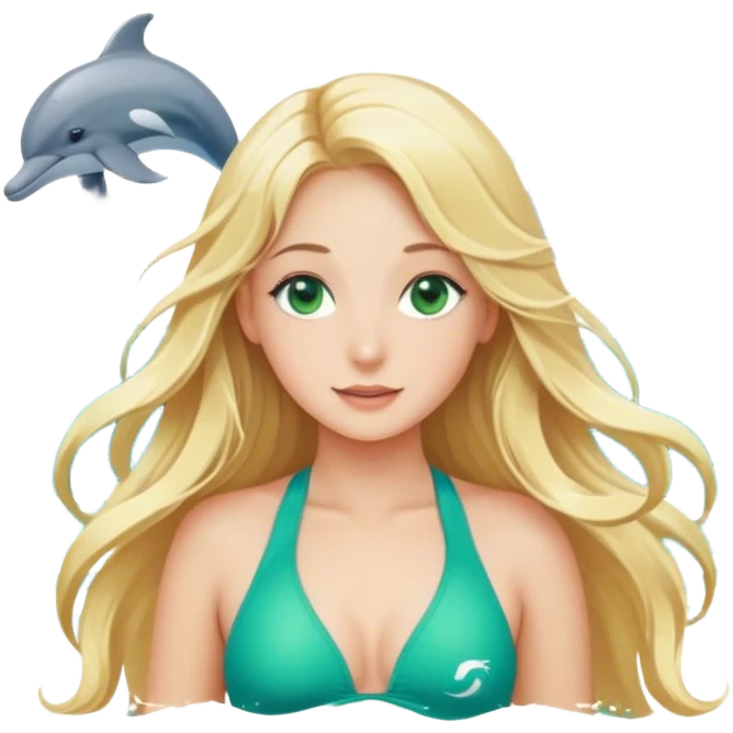 Long blonde hair girl with green eyes at the ocean with music notes and dolphins  emoji