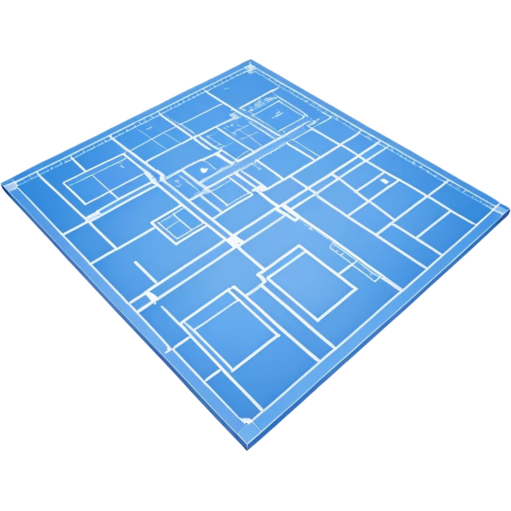 blue blueprint plan with white lines, perspective view showing both side and top emoji