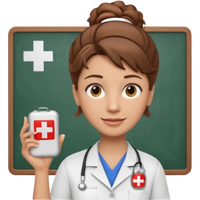 happy teacher with white board brown hair updo, first aid shirt emoji