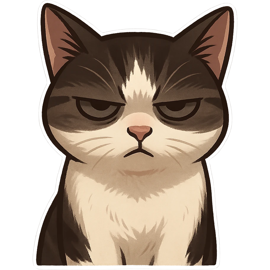 A cat with an impatient expression, frowning and squinting eyes. The light from above is shining vertically, and the face is in the shadow, making the cat's face more serious. emoji