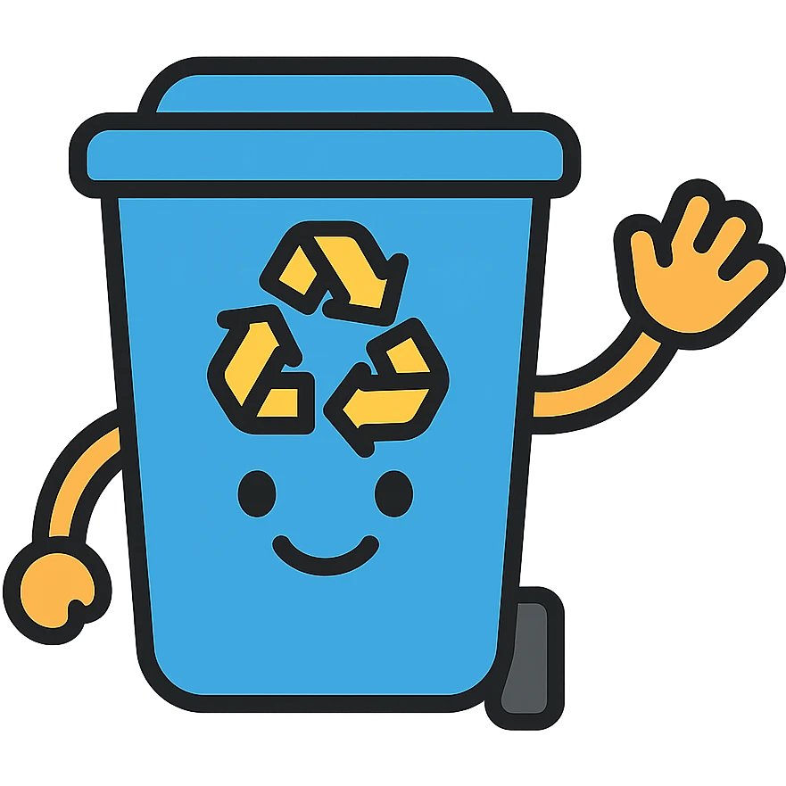 blue recycling bin with a big smile, waving hand emoji