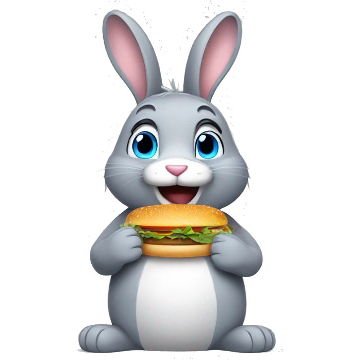 A grey bunny with blue eyes who is eating a Hamburger and fries  emoji