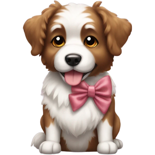 Fluffy brown and white dog with bow emoji