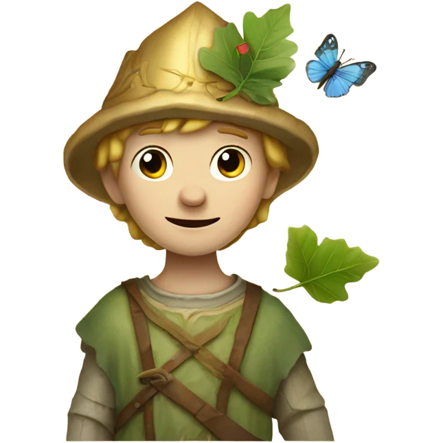 Medieval little whimsical boy who is pale and he has a leaf hat and is riding a butterfly emoji
