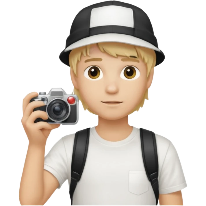 Young male, holding camera, white t-shirt, cap, blond hair emoji