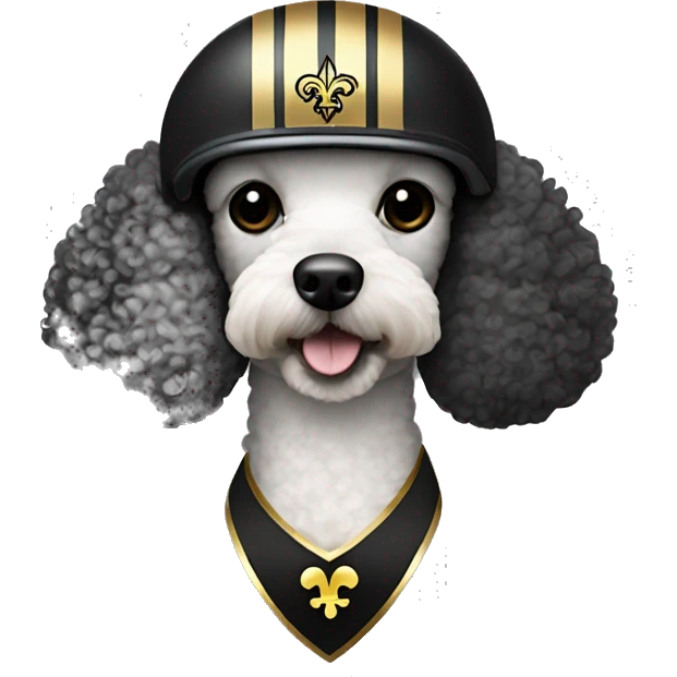 Poodle wearing a black football helmet with gold stripe and gold fleur de lis emblem emoji