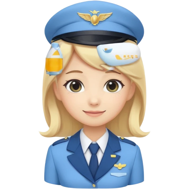 Cute emoji-style Japanese flight attendant, blonde long hair , pastel blue airline uniform, kawaii cartoon style, big eyes, simple clean lineart, pastel colors, chibi proportions, friendly smile, sticker/emoji, transparent background emoji