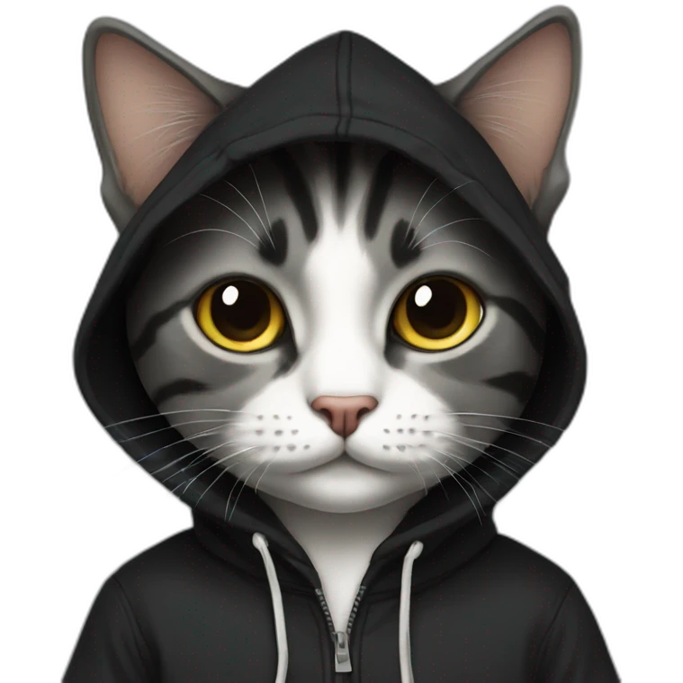 Cut cat wearing black hoddie emoji