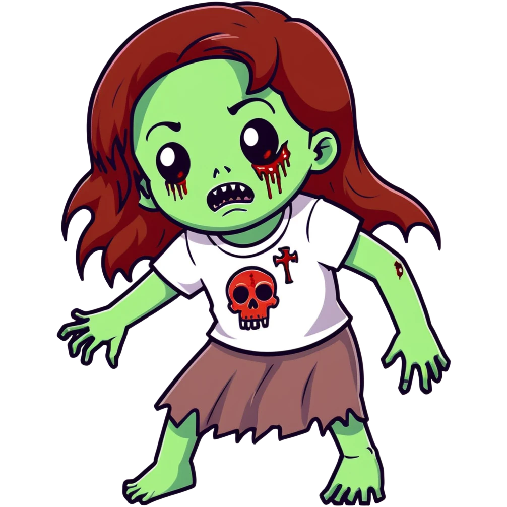 Girl zombie with long flowing brown hair, decaying pale green skin, and creepy undead expression emoji