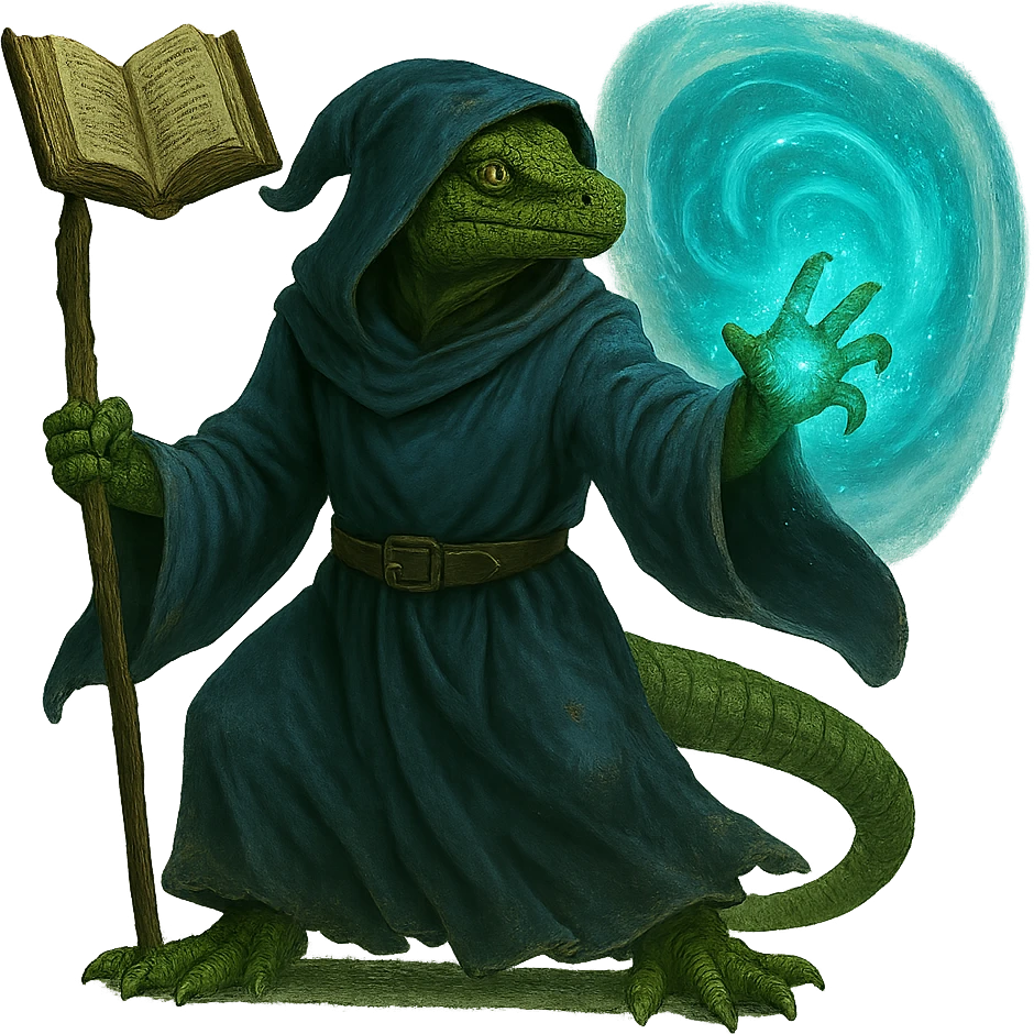 Add a floating magic book to the lizard man wizard, keeping the fantasy magical style. The image should have no background. emoji