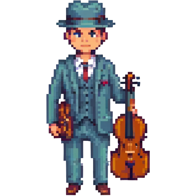mafia guy with a violin case, sly expression, pixel art style emoji