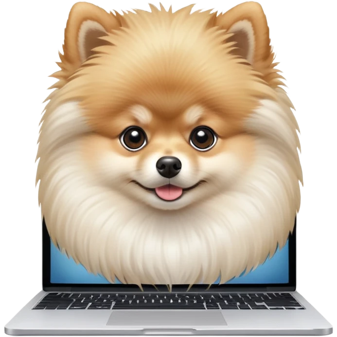 A cute Pomeranian dog working on a MacBook, viewed from a slight front angle, showing the full top cover with the Apple logo emoji
