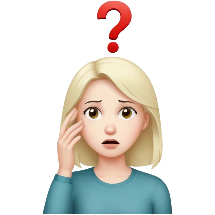 Woman with puzzled expression, scratching her head with a question mark emoji