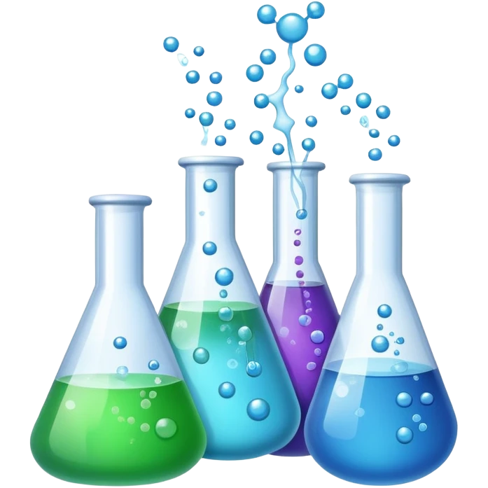 An icon featuring laboratory flasks with tubes, symbolizing chemistry. The design includes liquid and powder substances, a chemical reaction with bubbles, and molecular formulas, representing chemical processes like hydrolysis. Transparent background emoji