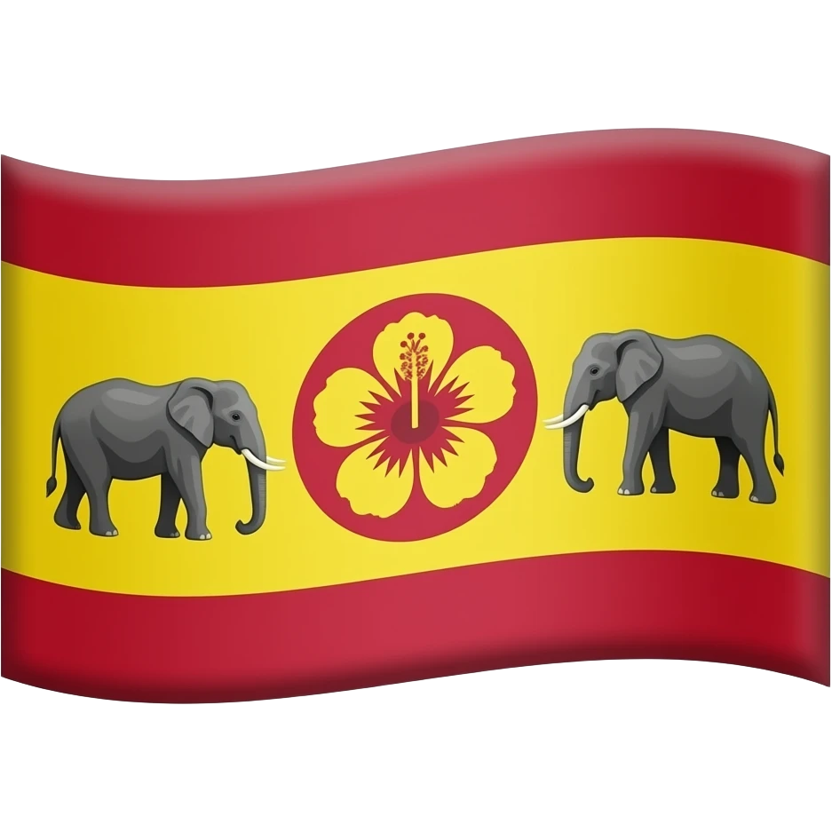 make an flage that up and down are red and the center wat yellow and make two elephant stand in the yellow part and make center an round that color is red and make an flower in that red circle the two elephants are standing and make the flower like hibiscus and shade it emoji