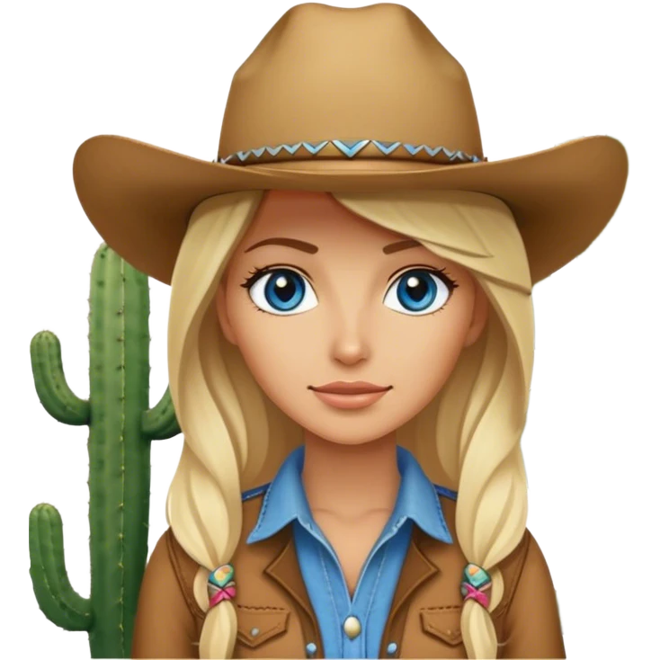 Blonde blue eyed cowgirl in front of a cactus  emoji