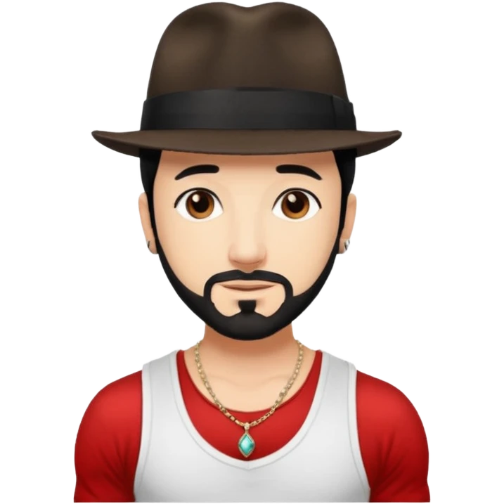 AJ McLean brown eyes, black hair, white tank top and fedora hat with necklace emoji