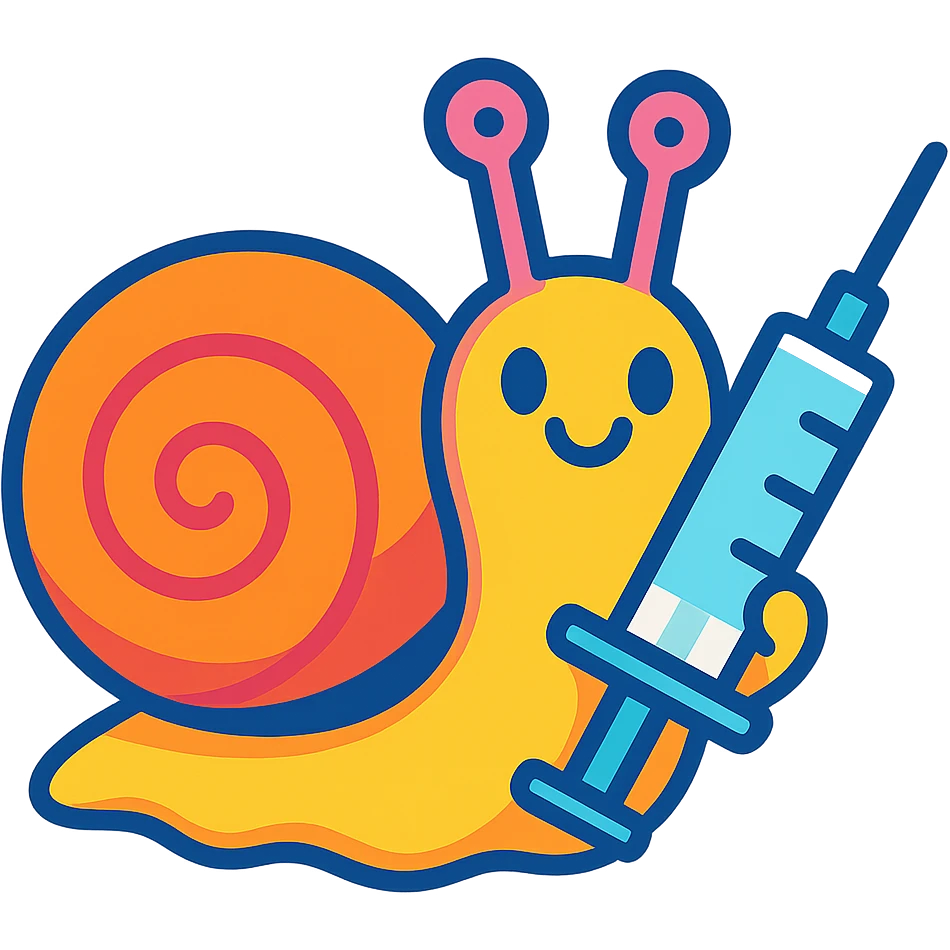 a fun and lighthearted cartoon snail holding a syringe, vibrant toon style, colorful and cheerful emoji