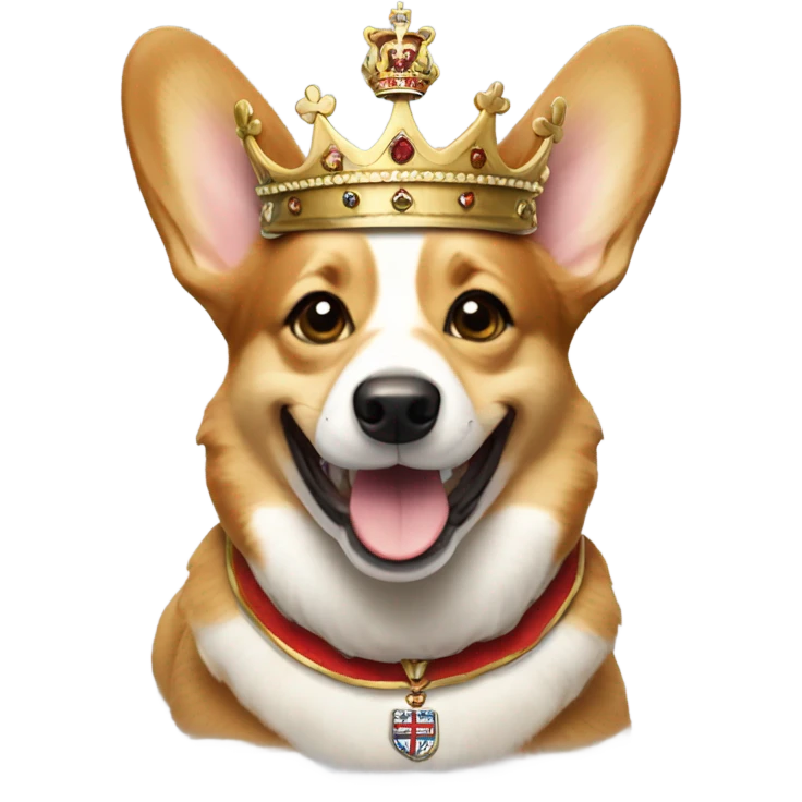 Corgi with the crown of England on his head smiles sweetly emoji