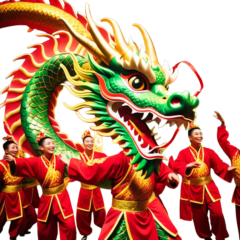 Cinematic Realistic scene of a Chinese Dragon Dance featuring performers energetically holding a vibrant dragon model aloft, with intricately detailed scales and dynamic flowing costumes, illuminated by festive red and gold lighting that captures the spirit of celebration. emoji