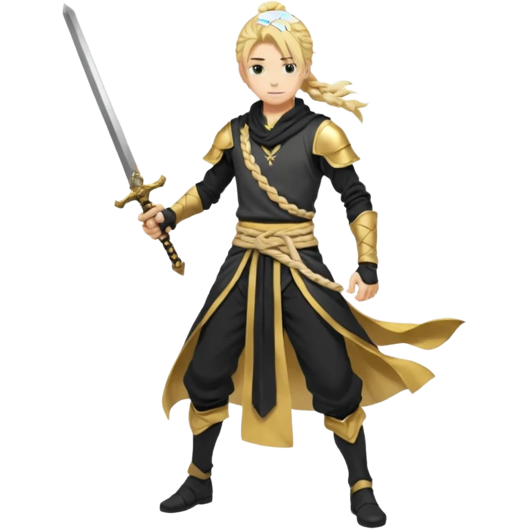 Aether (from Genshin Impact) (male) (anime style) (with black and golden clothes), (white and golden scarf), (long blonde braided ponytail), (wielding a sword), (full body) emoji