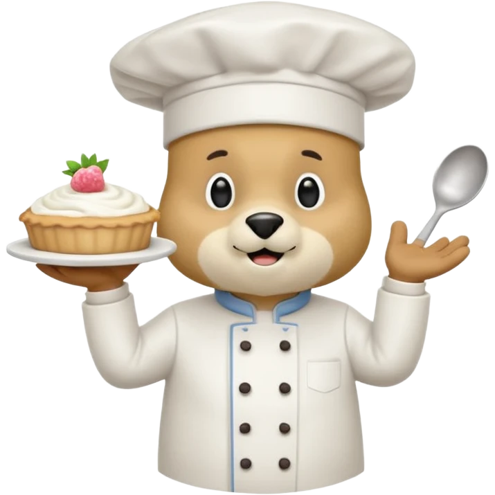 quiero un oso de pie con un delantal de pastelería y un gorrito de chef que una mano tenga una manga pastelera y este feliz divertido emoji