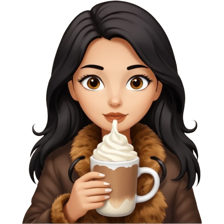 Tanned Girl with lashes , bright black long hair, in an extremely big fluffy brown fur mustang, and drinking hot chocolate drink emoji