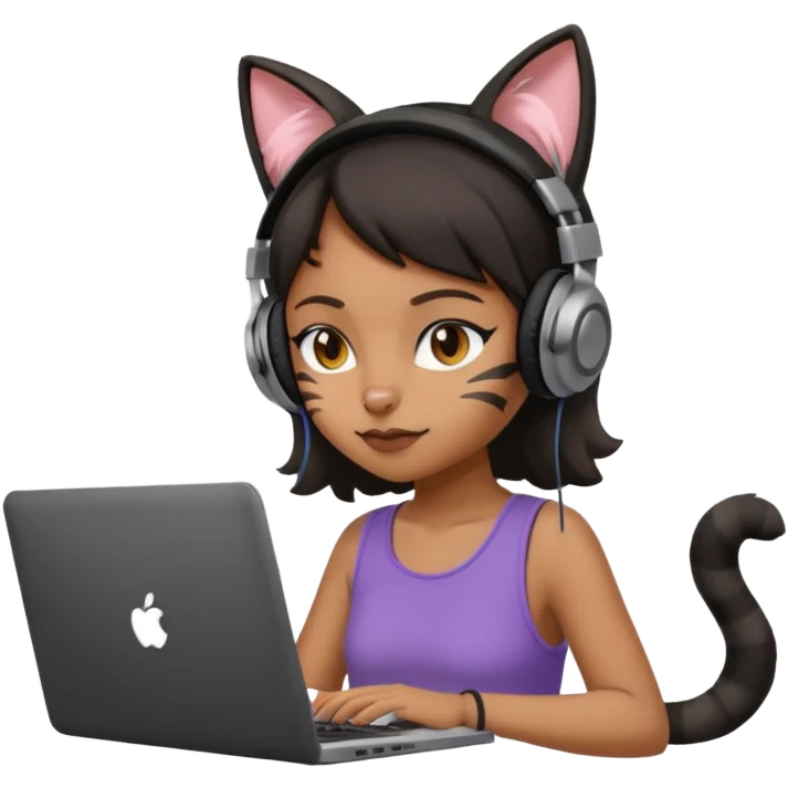 black girl who works remotely through a laptop with cat ear headphones emoji
